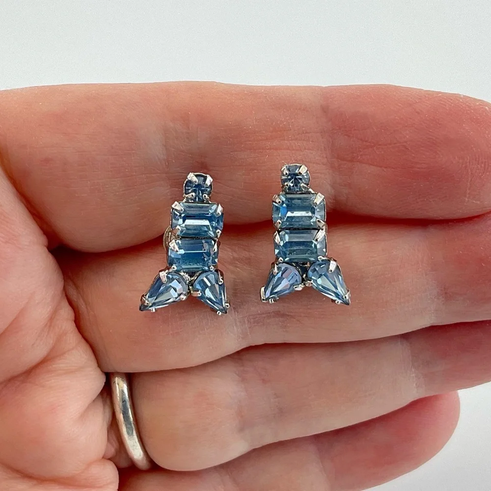 Vtg Sky Blue Rhinestone Earrings, MCM, Rockets, Atomic Age, New Ear Posts